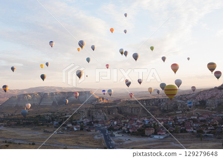 beautiful scenery flight of balloons in the mountains of Cappadocia in love valley 129279648