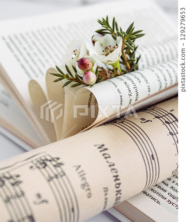 a beautiful composition of a bouquet of flowers and books a beautiful composition of a bouquet of flowers and books 129279653