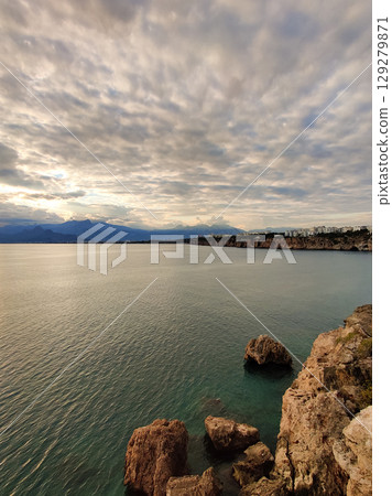 beautiful landscape of the sea against the background of mountains 129279871