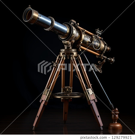 Vintage Telescope Gazing at Distant Stars, Celestial Exploration and Retro Astronomy Tool 129279921