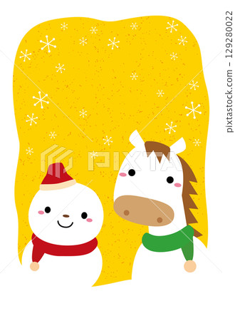 2026 年年新年賀卡,馬與雪人/黃色/無文字 2026 年年新年賀卡,馬與雪人/黃色/無文字 129280022