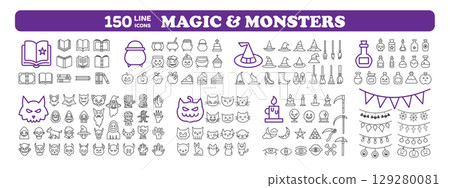 Magic and monster line icon set for Halloween. 150 Minimal outline elements on transparent background 129280081