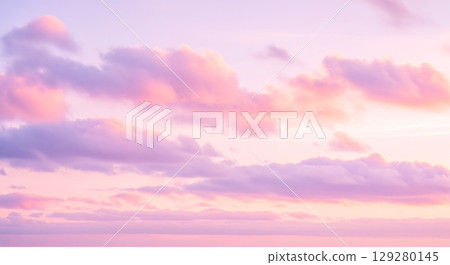 Abstract background of gentle pastel sky with pink and lavender clouds, beautiful soft cloudscape for calm meditation wallpaper or dreamy romantic design concept 129280145