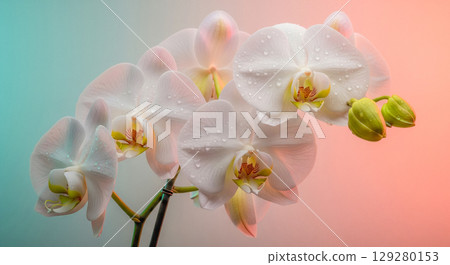 Beauty spa background with white orchid flowers and water drops, elegant phalaenopsis blossom on pastel gradient backdrop for wellness and cosmetic skincare concept 129280153