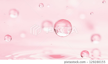 Cosmetic science background with pink liquid bubbles for skincare advertising, abstract 3d render of hyaluronic acid spheres for moisturizing product and hydration concept 129280155