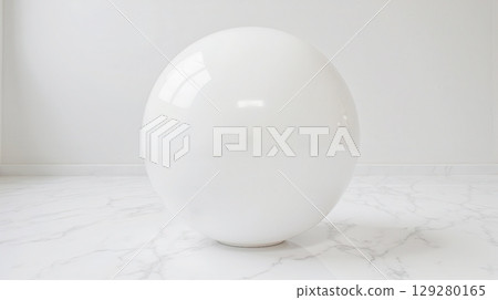 Large white ball with glossy surface on marble table, minimalist abstract concept for Easter, new beginnings or birth themes 129280165