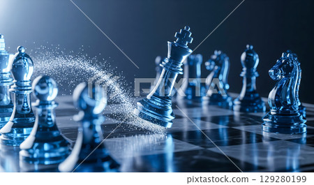 Business strategy concept with falling king on chessboard, checkmate in chess game representing victory and success, power and leadership metaphor Business strategy concept with falling king on chessboard, checkmate in chess game representing victory and success, power and leadership metaphor 129280199