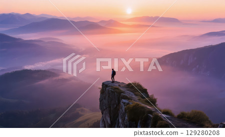 Hiker silhouette standing on mountain top watching epic sunrise over misty valley, successful man on cliff edge enjoying beautiful morning view, travel adventure concept Hiker silhouette standing on mountain top watching epic sunrise over misty valley, successful man on cliff edge enjoying beautiful morning view, travel adventure concept 129280208