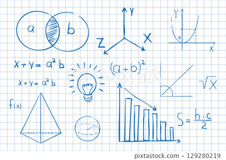 Math symbols formulas on notebook page background. Sketch symbols mathematical equations, schemes geometry shapes. Math symbols formulas on notebook page background. Sketch symbols mathematical equations, schemes geometry shapes. 129280219