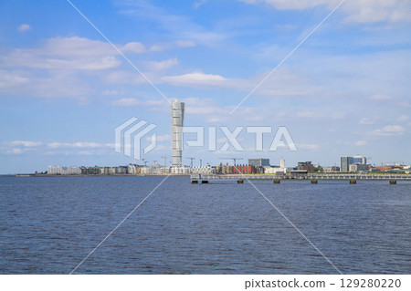 beautiful landscape of the Turning Torso skyscraper in Malmo, Sweden 129280220