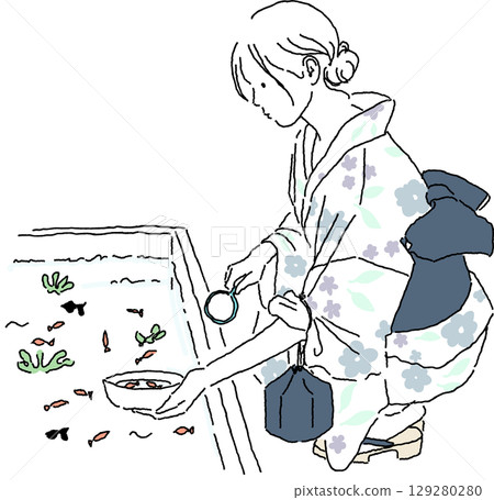 身穿浴衣的女子正在享受撈金魚的樂趣（側面） 129280280