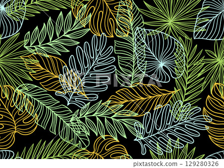 Pattern with linear palm leaves. Decorative image of tropical foliage and plants. 129280326