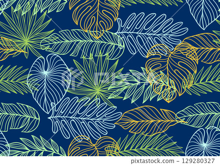 Pattern with linear palm leaves. Decorative image of tropical foliage and plants. 129280327