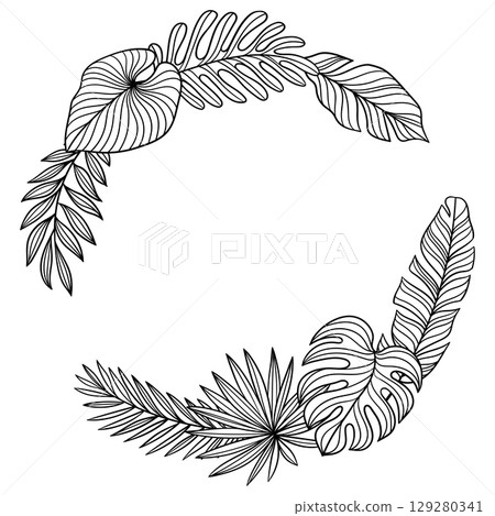 Frame with linear palm leaves. Decorative image of tropical foliage and plants. 129280341