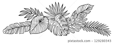 Design with linear palm leaves. Decorative image of tropical foliage and plants. 129280343