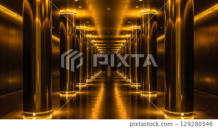 Luxury abstract background with golden repeating shapes and dramatic light, futuristic concept with symmetrical glowing lines for success, power and wealth theme design 129280346