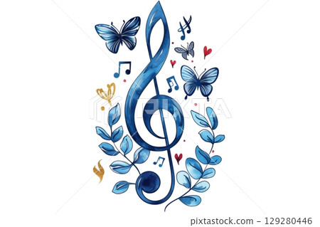 Blue treble clef with butterflies and musical notes embracing nature's harmony 129280446