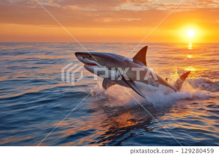 Great white shark jumping out of the water at sunset 129280459