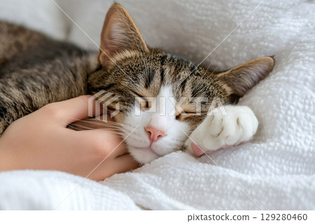 Hand stroking sleeping tabby cat on white blanket Hand stroking sleeping tabby cat on white blanket 129280460