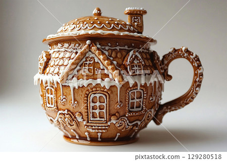 Dining culture. Gingerbread house shaped ceramic cup with lid on a white background. Christmas atmosphere. 129280518