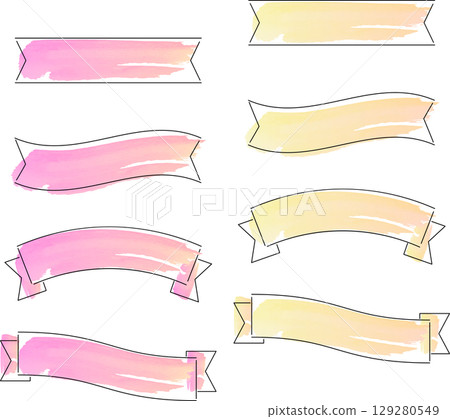 Warm color gradient rough watercolor ribbon frame set 129280549