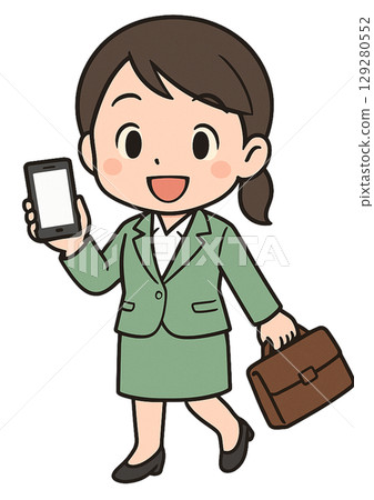 A smiling businesswoman in a suit holding a smartphone and a bag 129280552