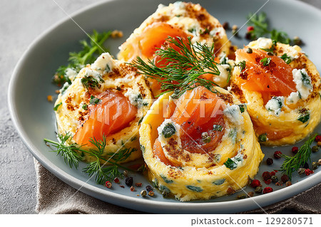 Delicious breakfast. Gourmet high-protein breakfast. Premium Hotel breakfast. Breakfast sushi: scrambled eggs and smoked salmon rolls. Viral food trend. 129280571