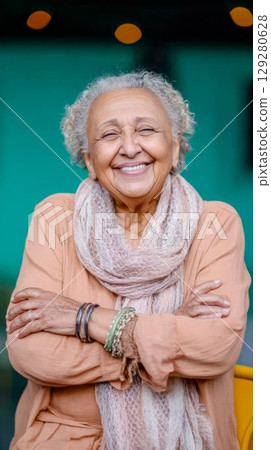Joyful elderly woman with curly hair, wearing a scarf and casual attire, poses with arms crossed, radiating positivity and confidence in a lively atmosphere 129280628