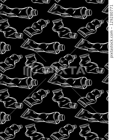 Vector seamless pattern with outline tubes of acrylic and oil paint. Texture with contour chalk drawn toothpaste with hatching on black background. 129280771