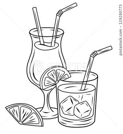 Sketch drawing of glasses with cocktails and lemon. Contour illustration of glasses and wine glass with drinks Sketch drawing of glasses with cocktails and lemon. Contour illustration of glasses and wine glass with drinks 129280773