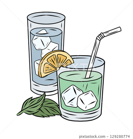 Contour drawing of glasses water, juice, mint and lemon. Outline illustration of cocktails Contour drawing of glasses water, juice, mint and lemon. Outline illustration of cocktails 129280774