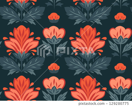 Vector seamless pattern with embroidery flowers. Texture with decorative red flowers on dark background. Tracery floral Vector seamless pattern with embroidery flowers. Texture with decorative red flowers on dark background. Tracery floral 129280775