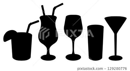 Vector set of black silhouette of cocktails in different glasses. Collection of outline drawn glasses isolated from background 129280776