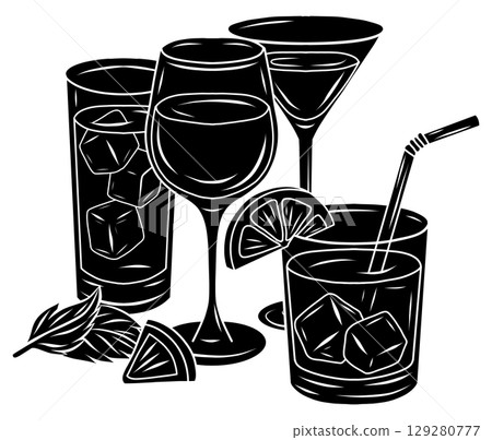 Black outline drawing of glasses with alcohol and juice. Contour monochrome illustration of glasses Black outline drawing of glasses with alcohol and juice. Contour monochrome illustration of glasses 129280777