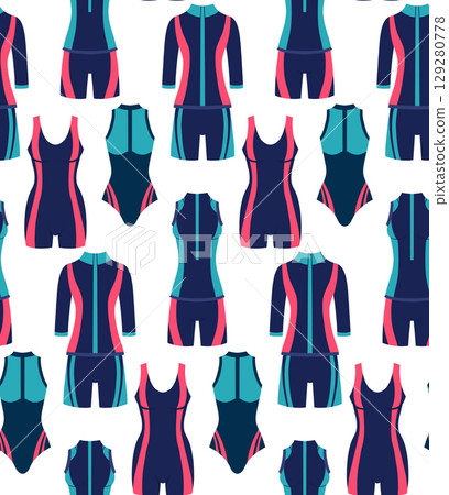 Vector seamless pattern with sports swimsuits. Texture with sports wetsuits for swimming pools, cycling competitions and gymnastics. Vector seamless pattern with sports swimsuits. Texture with sports wetsuits for swimming pools, cycling competitions and gymnastics. 129280778