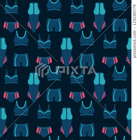 Vector seamless pattern with summer swimsuits on dark blue background. Texture with sports wetsuits for swimming pools, cycling Vector seamless pattern with summer swimsuits on dark blue background. Texture with sports wetsuits for swimming pools, cycling 129280779
