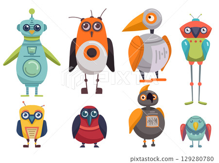 Vector set of cute cartoon robot birds. Collection of colorful bird clip art automatons. Future pets. Vector set of cute cartoon robot birds. Collection of colorful bird clip art automatons. Future pets. 129280780