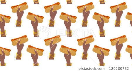 Dark skin Female hands with bracelets Hold Hot Dog Seamless Pattern Banner Format Fast Food Day Fond Dark skin Female hands with bracelets Hold Hot Dog Seamless Pattern Banner Format Fast Food Day Fond 129280782