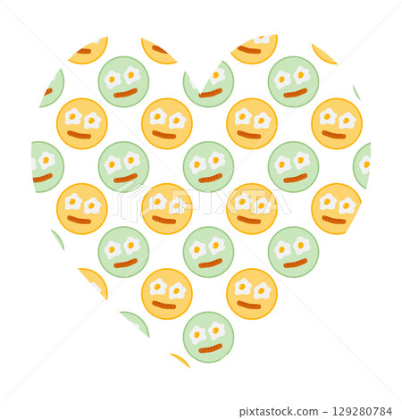 Fried Eggs with Yolk and grilled Sausage Like Cute Faces on Plate Pattern on Heart Shape Background Fried Eggs with Yolk and grilled Sausage Like Cute Faces on Plate Pattern on Heart Shape Background 129280784