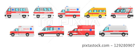 Ambulance Car and Emergency Case Rescue Vehicle Vector Set 129280907