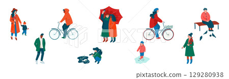 People Character Walking in Spring Park Enjoying Warm Season Vector Set 129280938