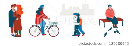 People Character Walking in Spring Park Enjoying Warm Season Vector Set 129280943