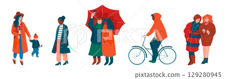 People Character Walking in Spring Park Enjoying Warm Season Vector Set 129280945