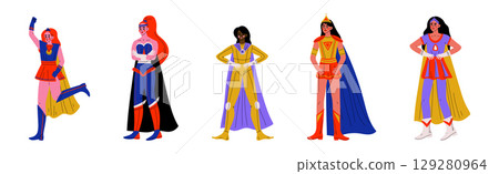Strong Girl in Heroine Costume with Cloak Vector Set 129280964