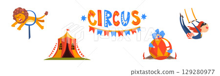 Circus Artist and Performer Showing Trick Vector Set 129280977