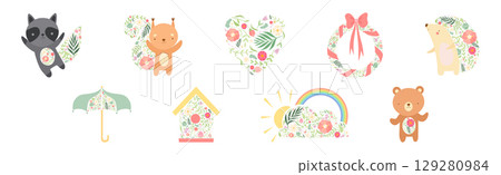 Animal with Floral Ornament as Spring Season Vector Set 129280984