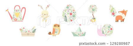 Animal with Floral Ornament as Spring Season Vector Set 129280987