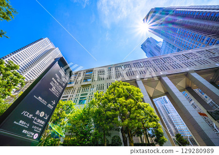 Tokyo cityscape, Japan, August 5th. Extremely hot... View of Tokyo Metropolitan Government Building... A ray of hope for a new era... 129280989
