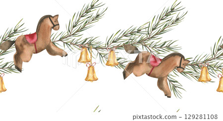 Christmas tree golden bells on evergreen spruce branches with vintage wooden horse toy watercolor seamless border.Hand drawn New year banner with symbol of the year,retro clipart for poster,web design 129281108