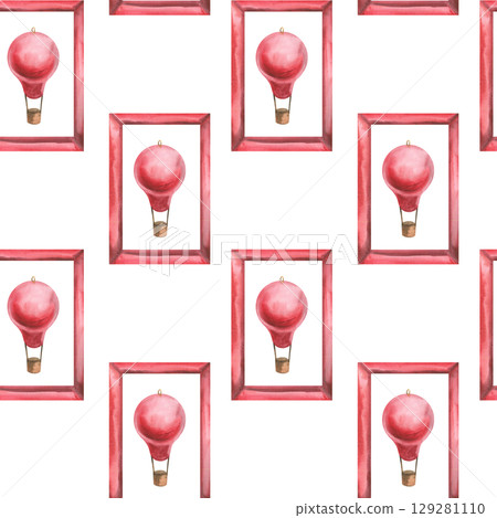 Red vintage balloons in frame,geometric Christmas festive seamless pattern for packing design. Watercolor hand drawn flying balls in New year and winter season repeated background for packing design Red vintage balloons in frame,geometric Christmas festive seamless pattern for packing design. Watercolor hand drawn flying balls in New year and winter season repeated background for packing design 129281110
